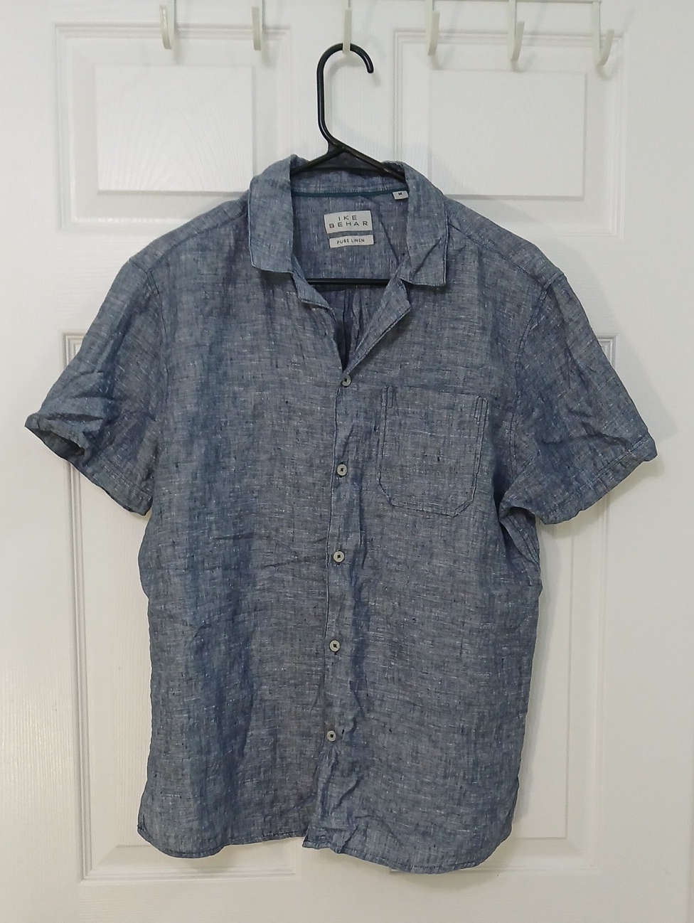 Ike Behar Blue Chambray Pure Linen Short-Sleeve Button-Down Shirt